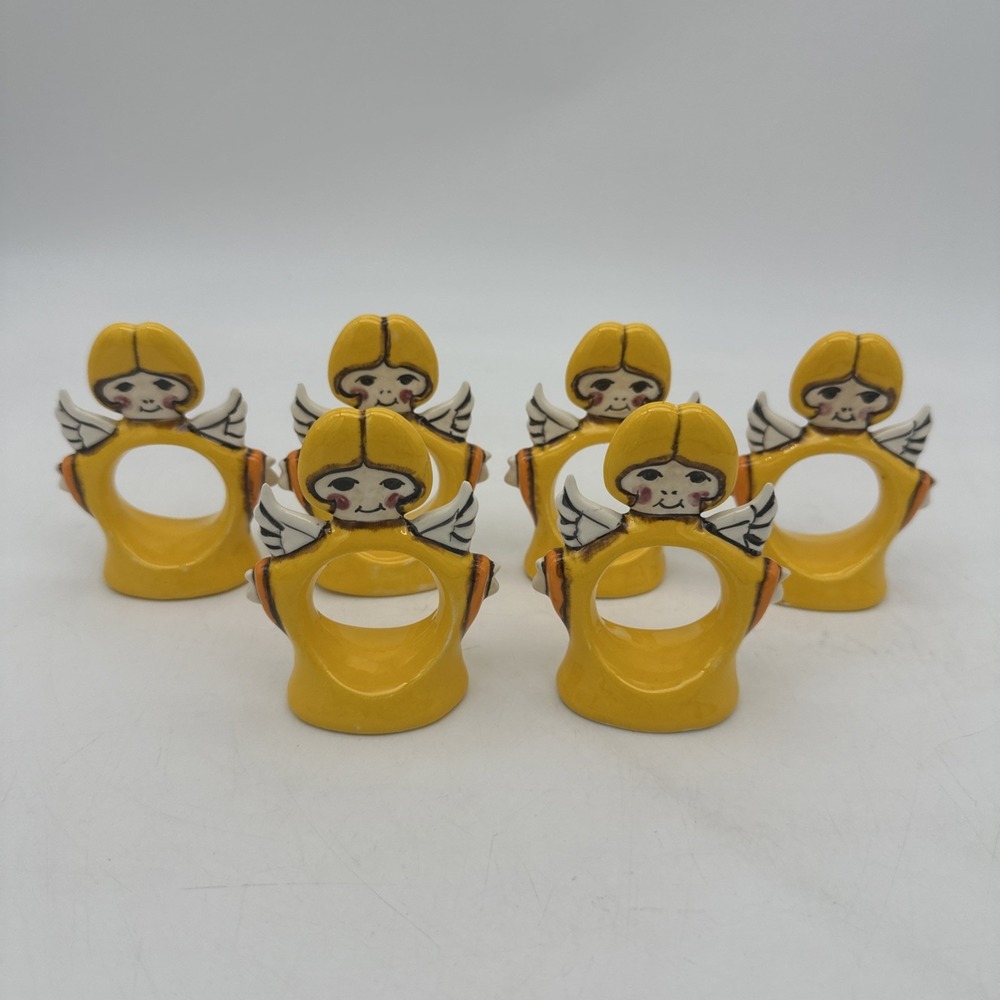 Set‎ of 6 Hand Painted Ceramic Angel Napkin Holder Rings Vintage 1970s Cherubs